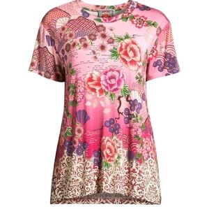 Johnny Was Pink Lace Loose Fit Favorite  Stretch Boho Floral Tee Top M
